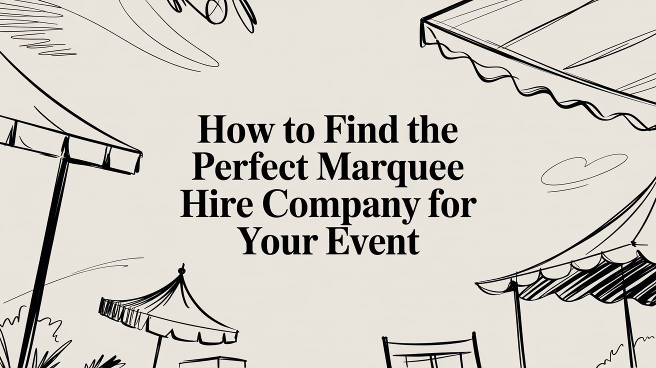 Illustration of various marquees with text "How to Find the Perfect Marquee Hire Company for Your Event," emphasizing marquee hire for events.