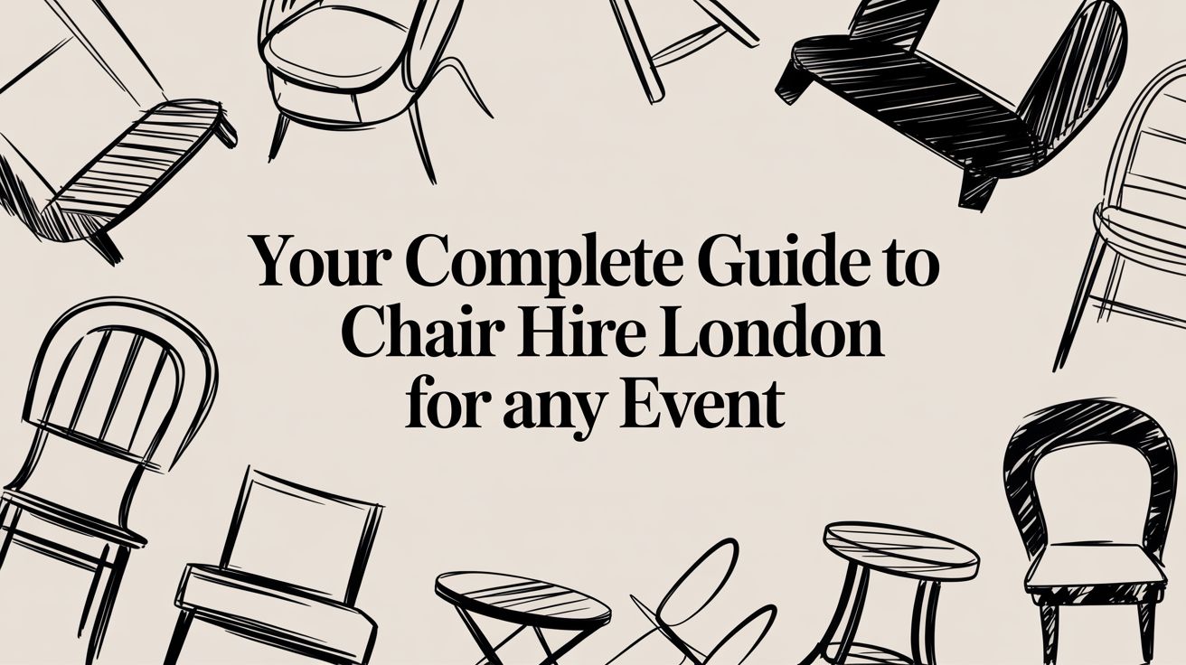 Illustration of various chair designs surrounding the text "Your Complete Guide to Chair Hire London for any Event," emphasizing options for event seating in London.