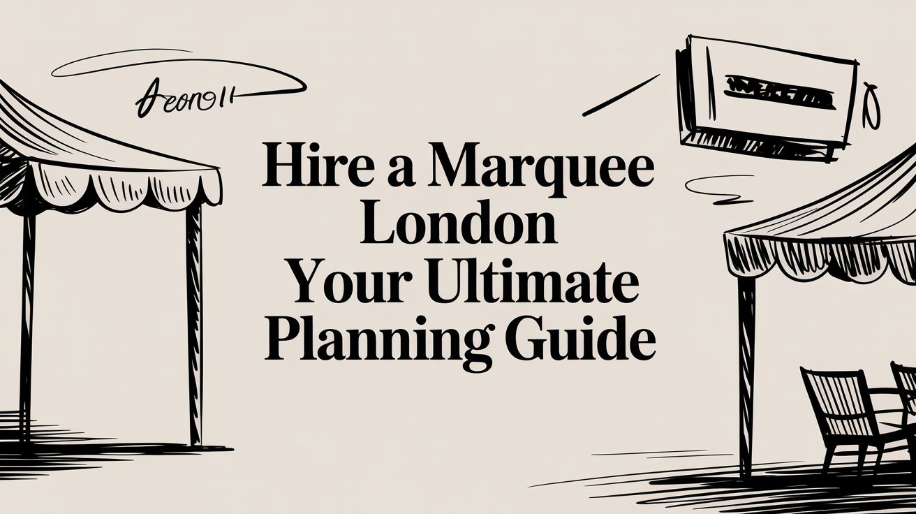 Hire a marquee in London illustration with text "Your Ultimate Planning Guide," featuring two stylized tents and a seating arrangement, relevant to corporate event hire and planning.