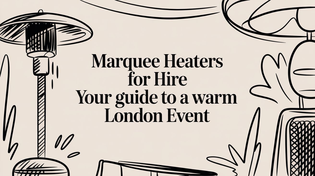 Marquee heaters for hire, illustrated guide for a warm London event, featuring stylish outdoor heating solutions.
