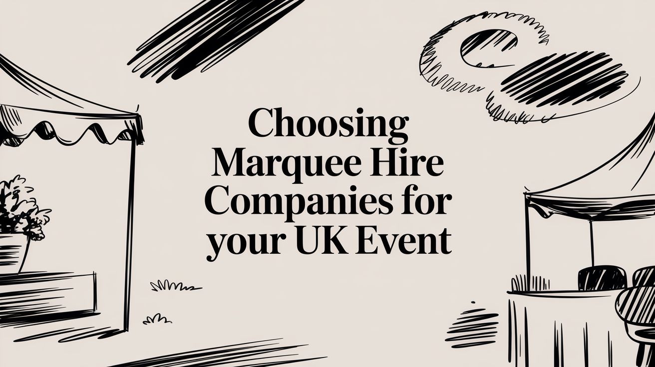 Choosing marquee hire companies for events in the UK, featuring illustrated tents and outdoor setting.