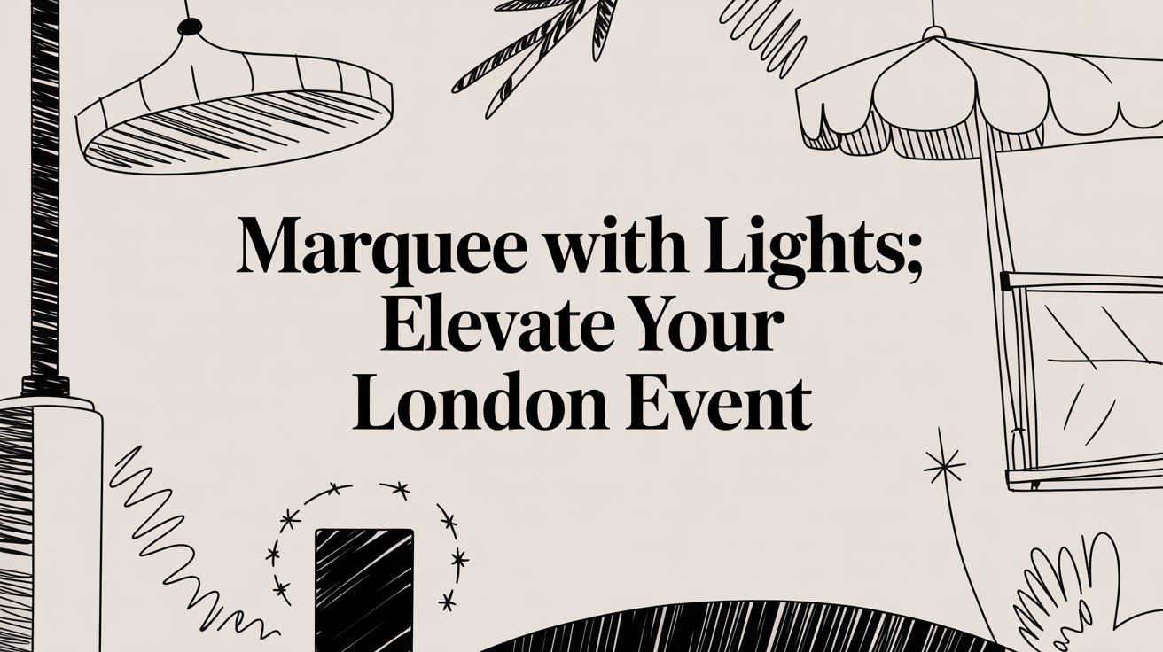 Marquee with lights illustration, emphasizing event atmosphere, enhancing London events, featuring decorative elements like lamps and stars.