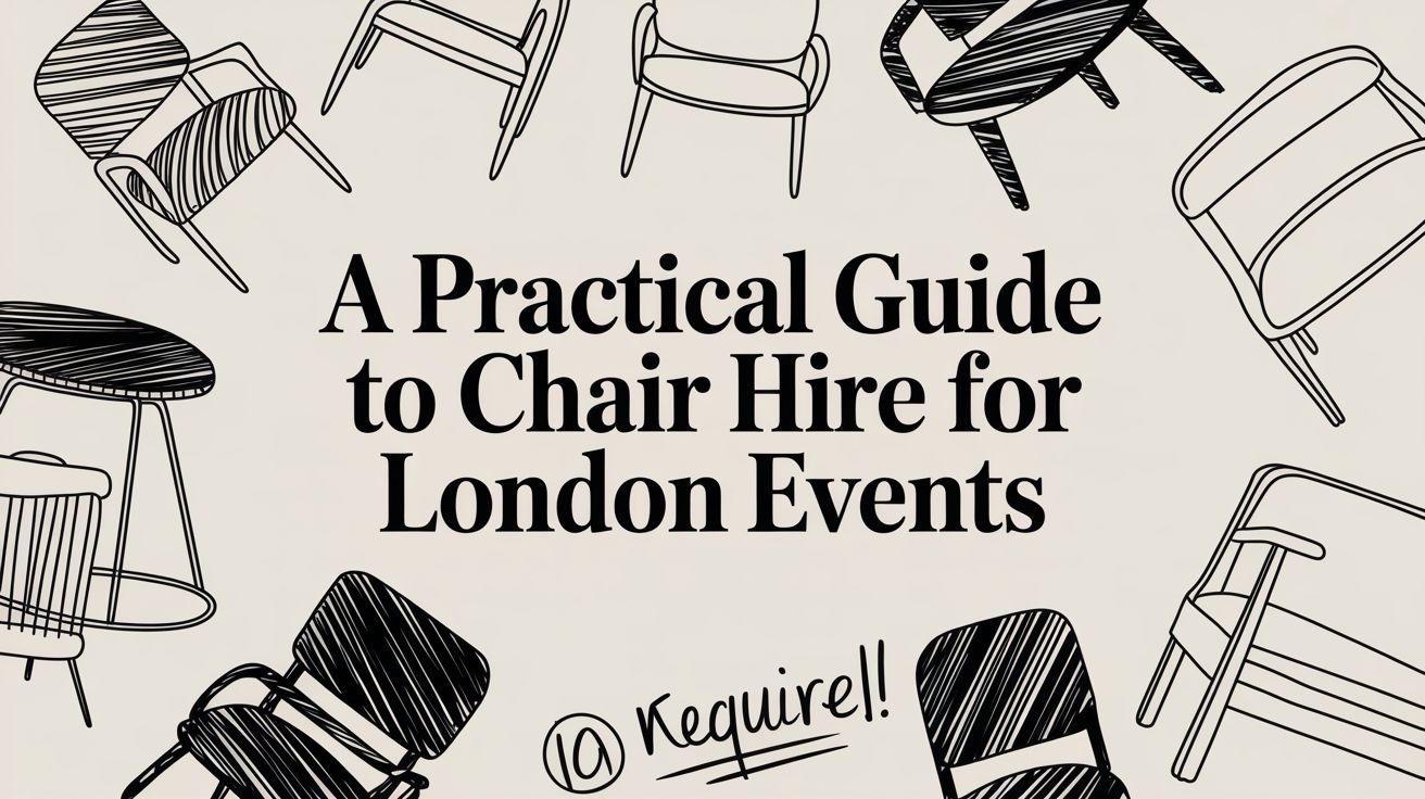 Illustration of various chair designs with the text "A Practical Guide to Chair Hire for London Events," emphasizing the significance of chair selection for event atmosphere.