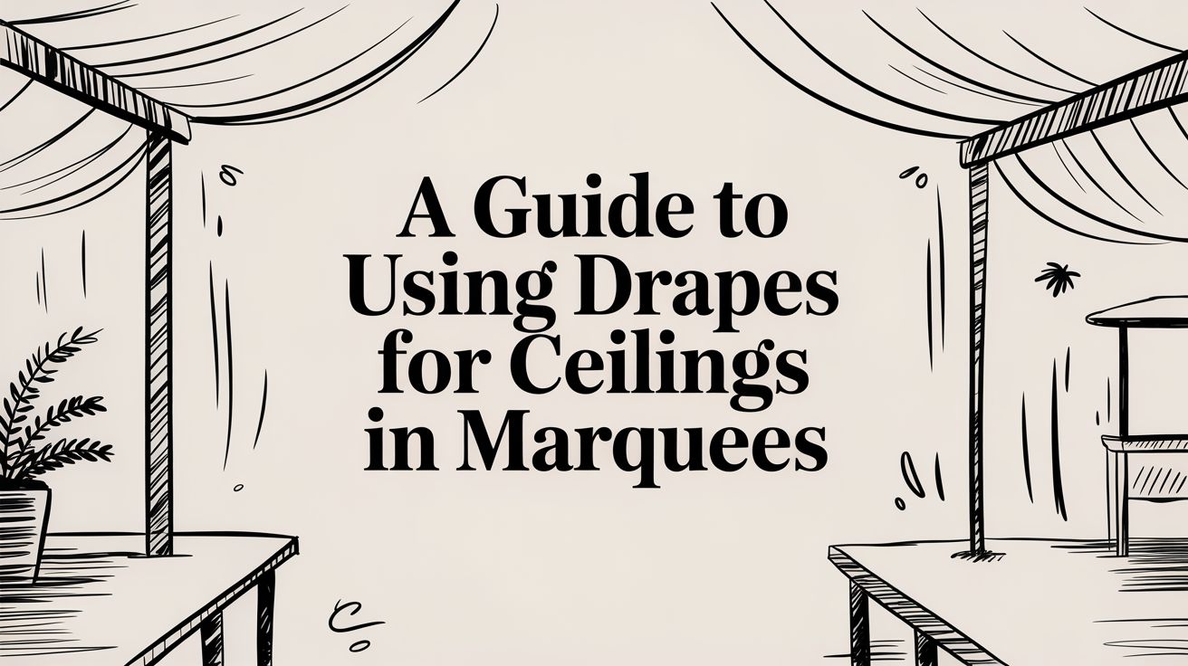 Draped ceilings in marquee setting with decorative elements, highlighting a guide to using drapes for enhancing event aesthetics.