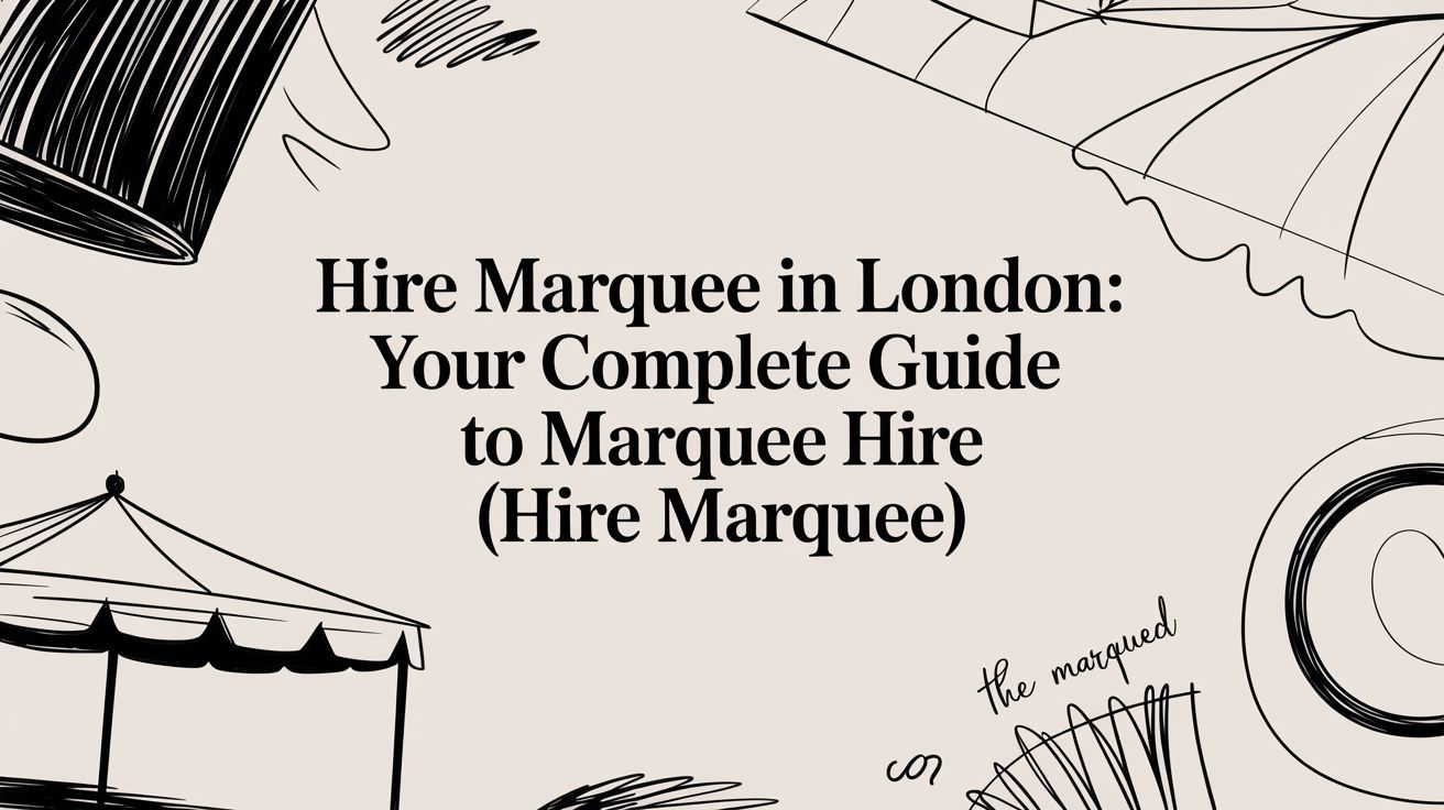 Hire marquee in London graphic featuring text "Your Complete Guide to Marquee Hire" with illustrations of tents and decorative elements.