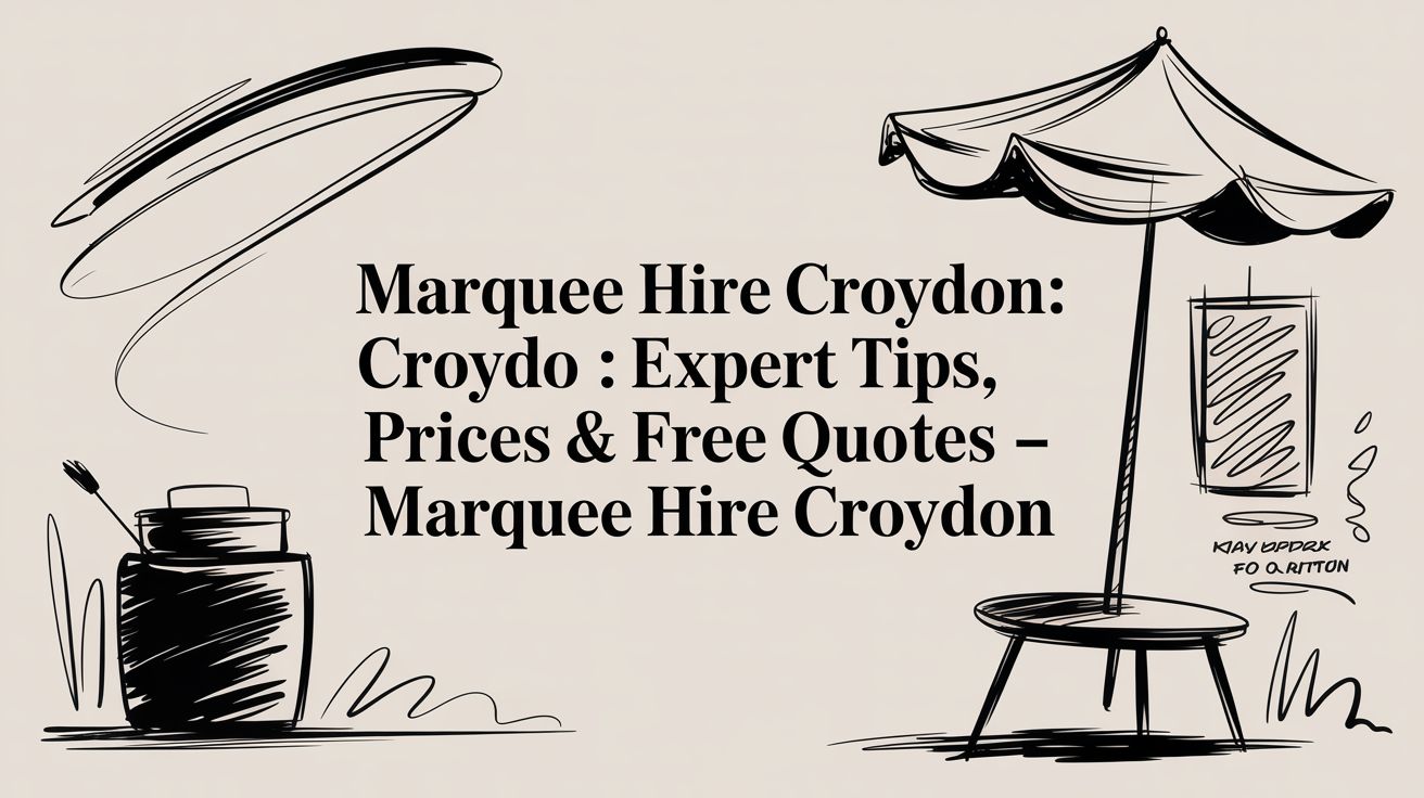 Marquee hire illustration featuring a marquee, writing utensils, and decorative elements, relevant to event planning in Croydon.