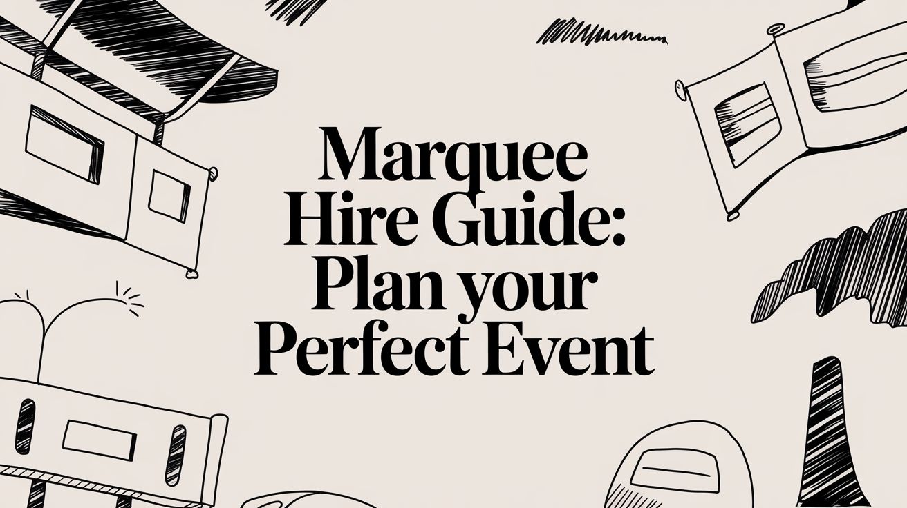 Marquee Hire Guide cover featuring the title "Marquee Hire Guide: Plan your Perfect Event" with illustrated marquee elements, emphasizing event planning and venue options.