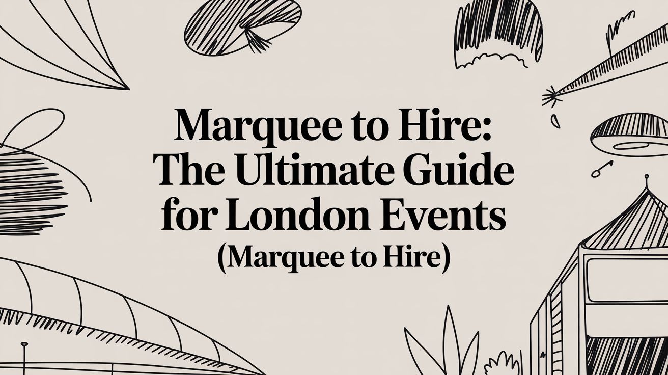 Marquee illustration for hiring events in London, featuring stylized design elements and text "Marquee to Hire: The Ultimate Guide for London Events."