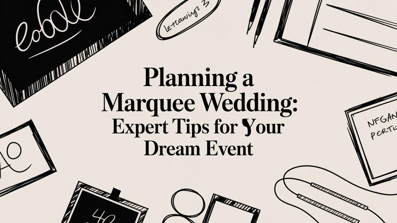 Planning a marquee wedding illustration with expert tips and sketches for outdoor event inspiration.