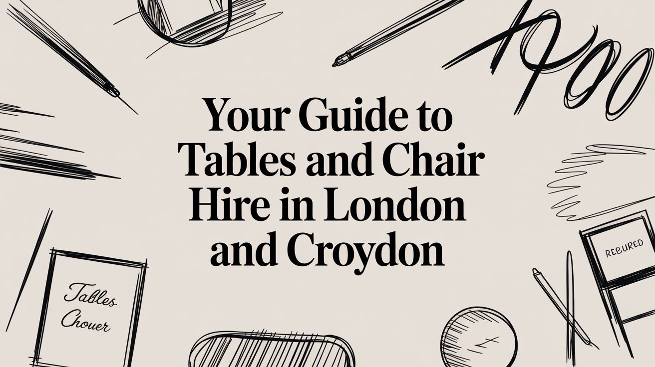 Your guide to tables and chair hire in London and Croydon with decorative sketches of tables, chairs, and writing tools.