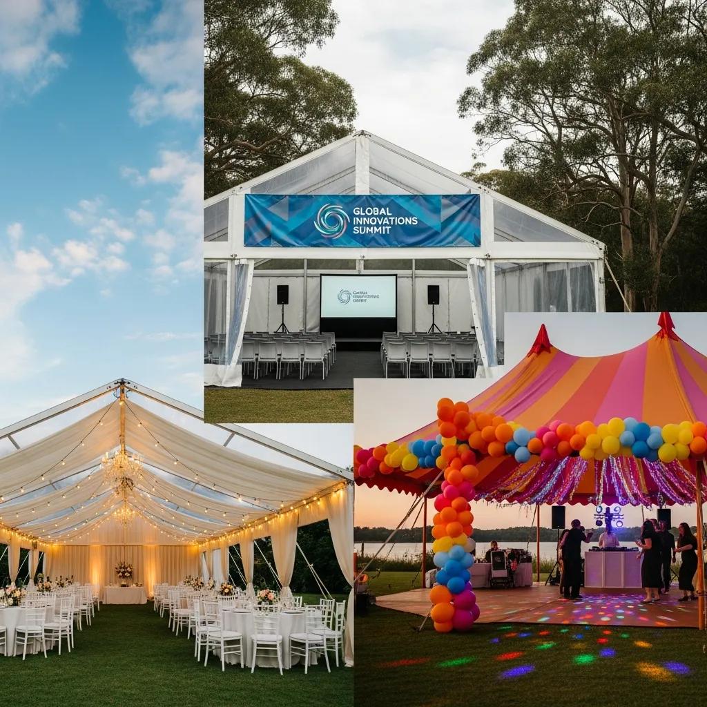 Collage of wedding, corporate, and party marquee styles showcasing versatility for different events