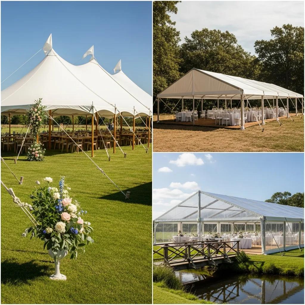 Different types of wedding marquees displayed in outdoor settings