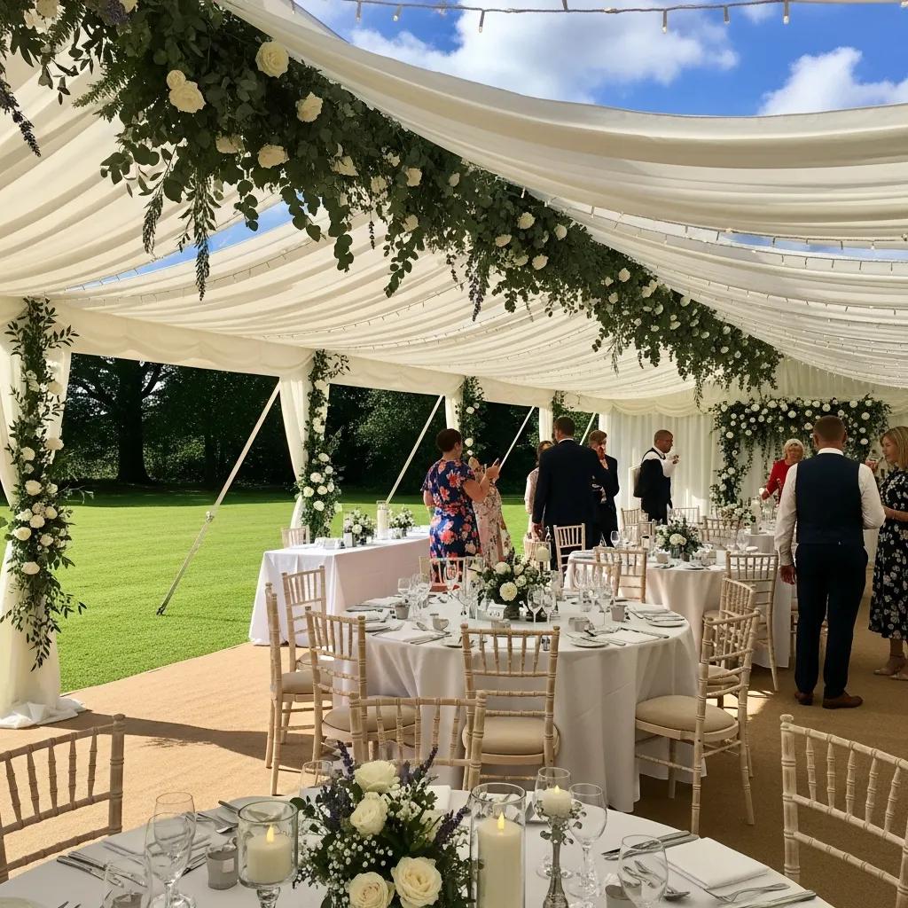Elegant outdoor wedding marquee setup in Croydon with floral decorations and ambient lighting