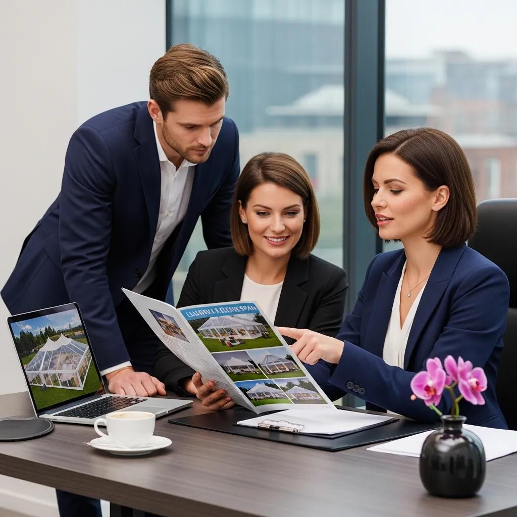 Event planner consulting with clients about marquee hire options, focusing on personalized service and expert tips