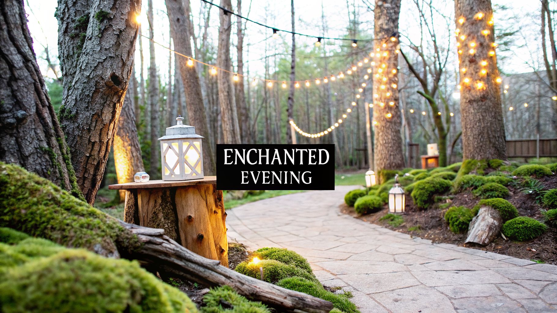 An enchanted garden path at dusk, illuminated by string lights, lanterns, and moss, creating a magical atmosphere.