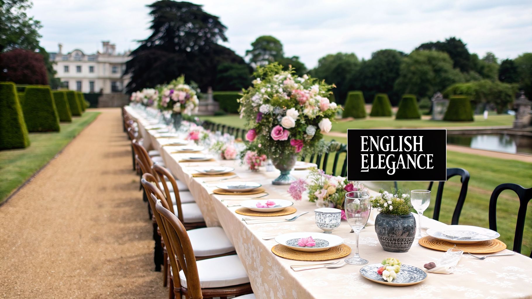 An elegant outdoor garden party with a long dining table, floral centerpieces, and a historic mansion in the background.