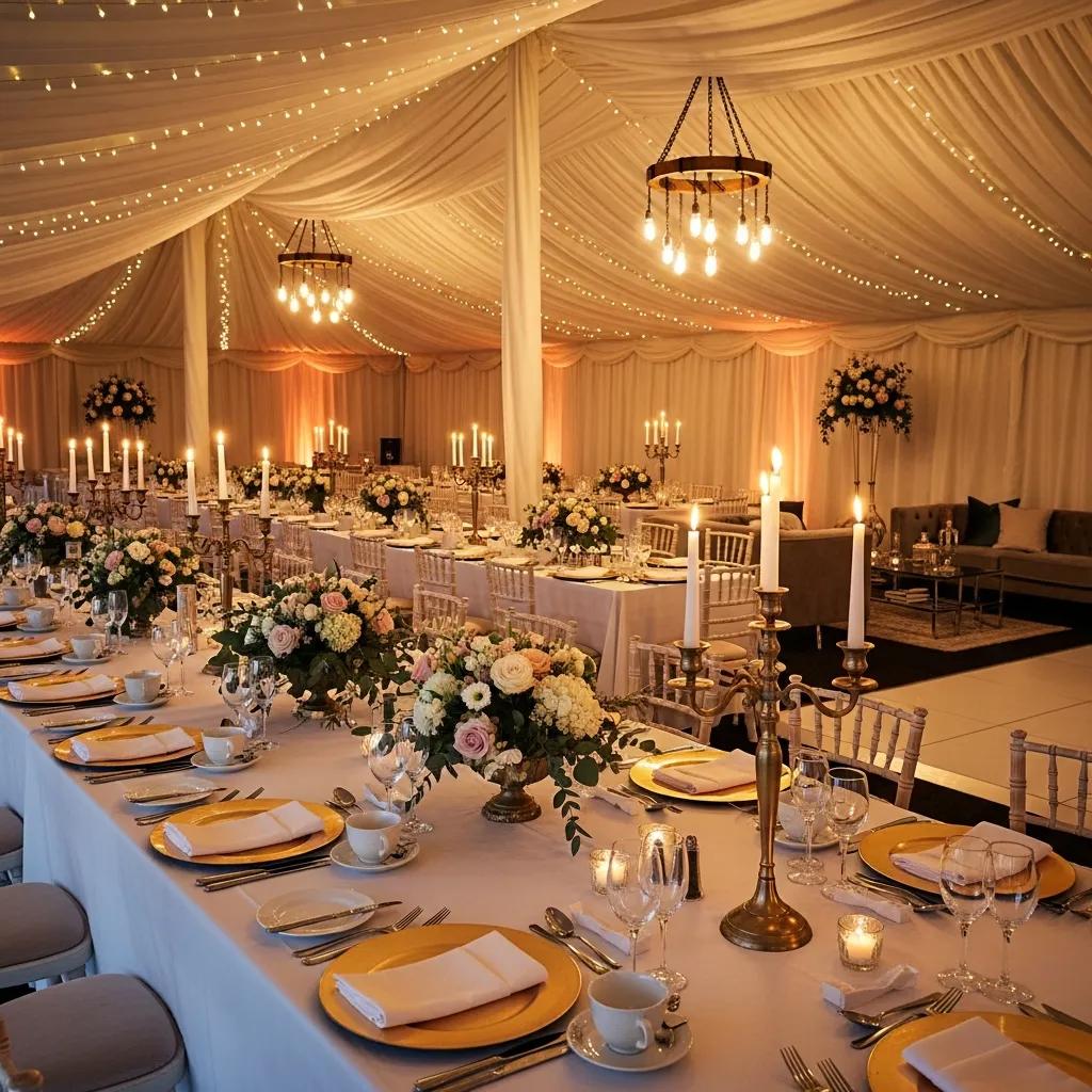 Interior of a wedding marquee showcasing elegant table settings and decor