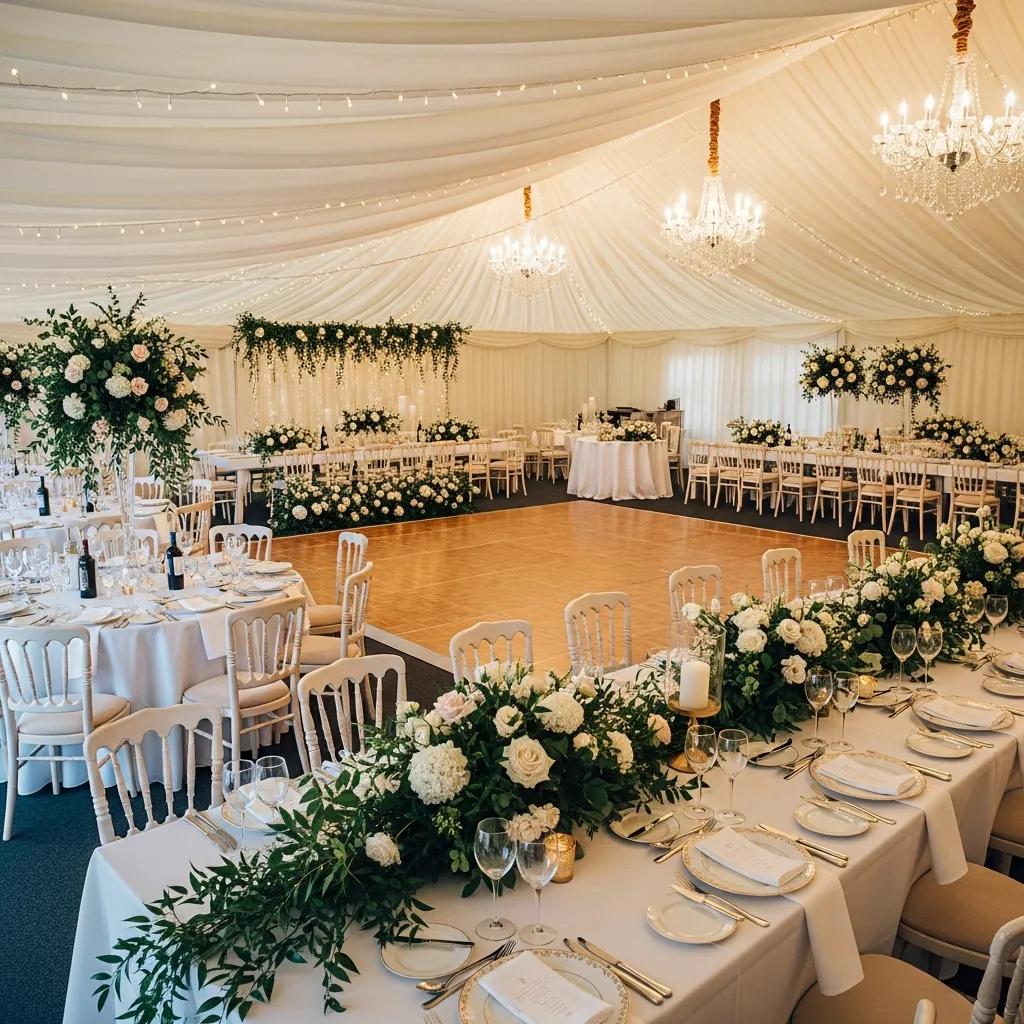 Interior view of a wedding marquee with seating arrangements, illustrating capacity and layout considerations