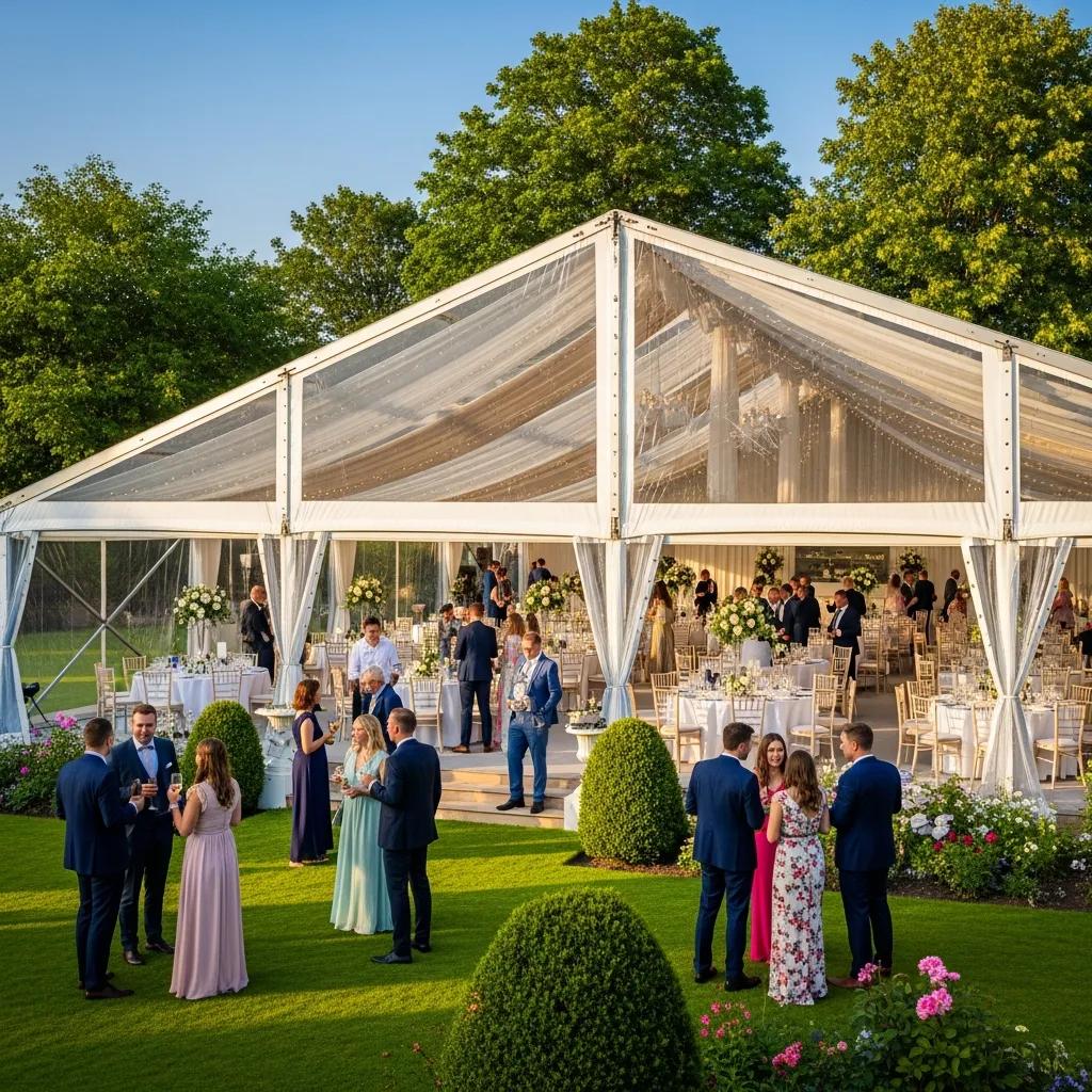 Outdoor wedding marquee setup in London, highlighting event planning and guest comfort