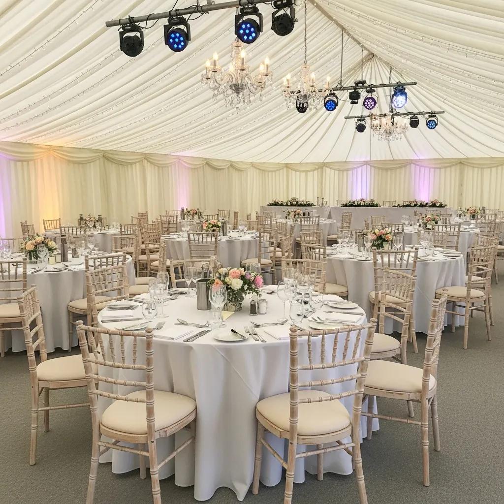 Stylish furniture and lighting options for marquee hire, enhancing outdoor event aesthetics