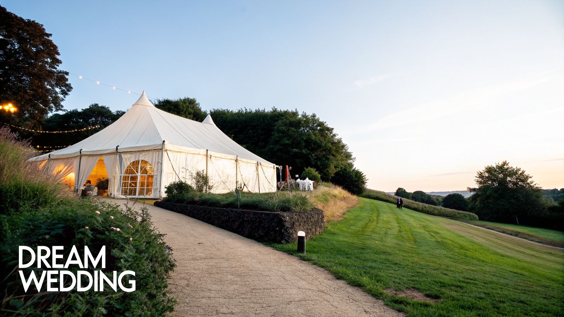 A large white wedding marquee tent illuminated at dusk, surrounded by trees and a green landscape.