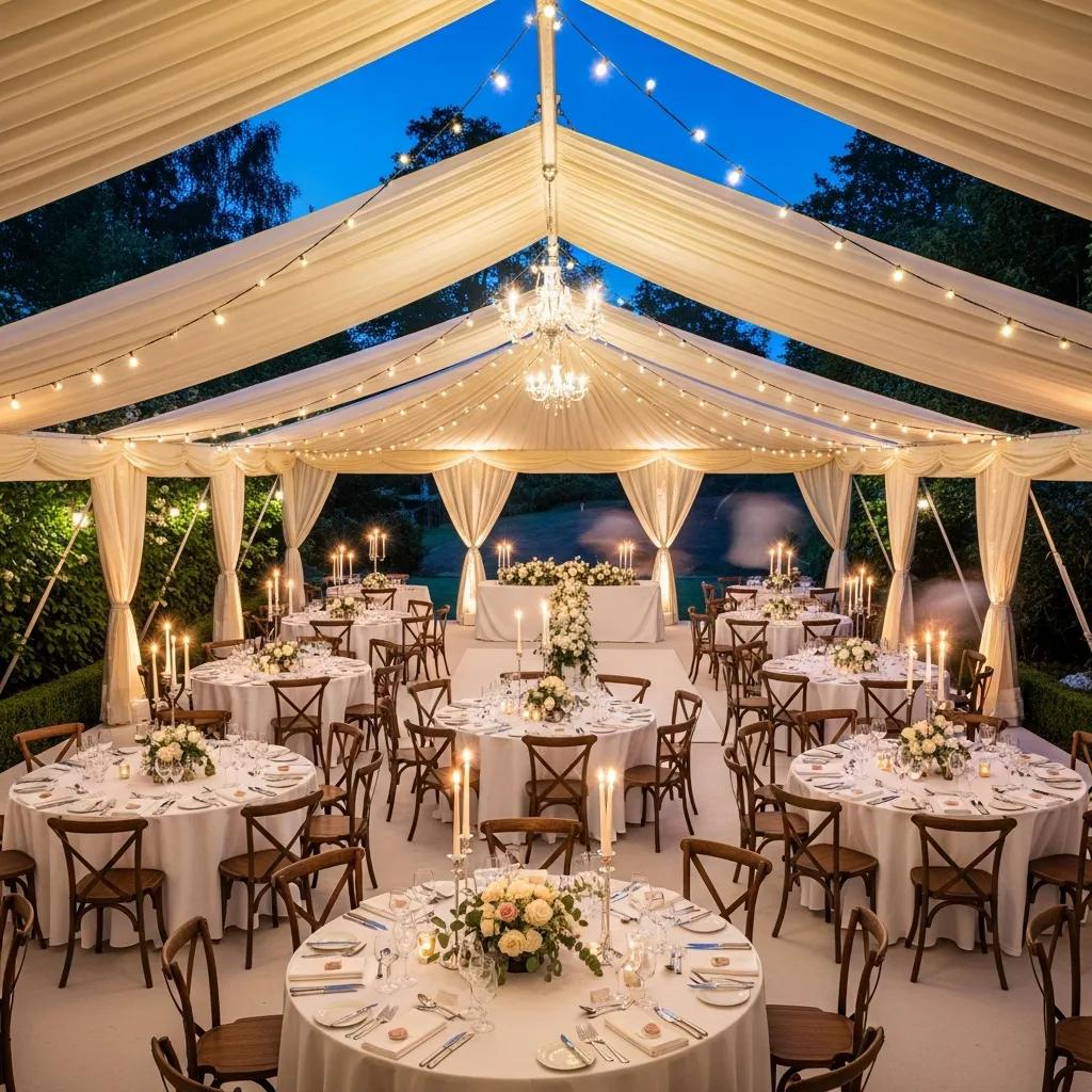 Wedding marquee setup with elegant decor and romantic atmosphere