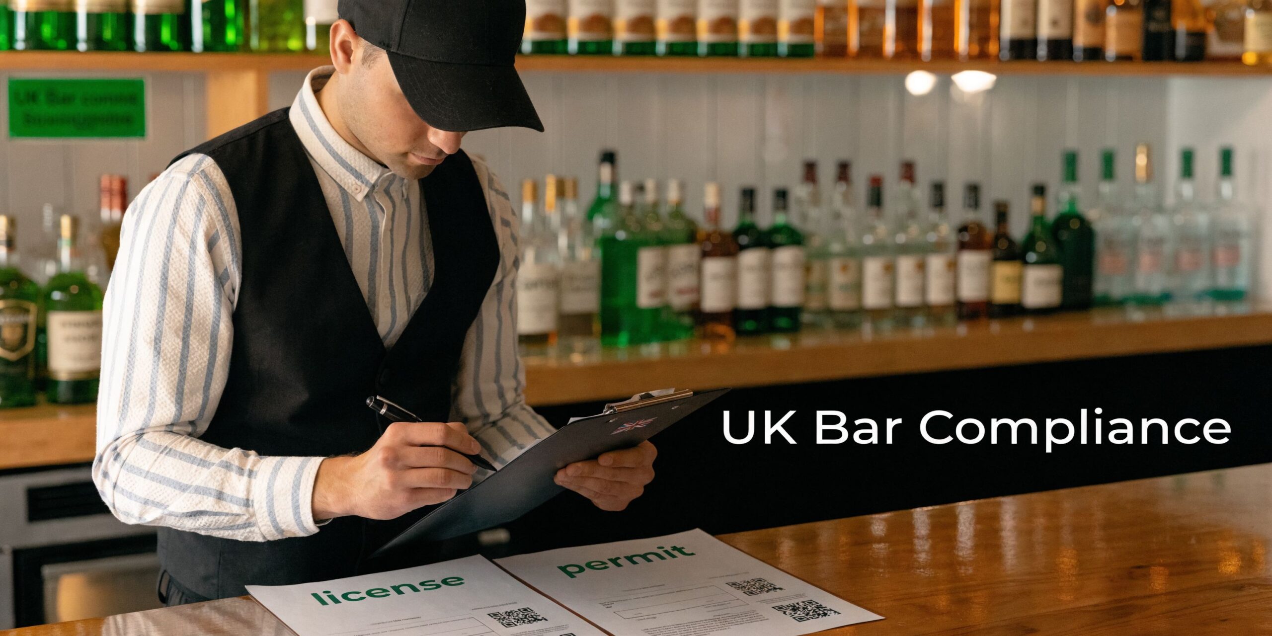 A professional bartender in a uniform reviewing compliance paperwork and licenses at a modern bar counter.