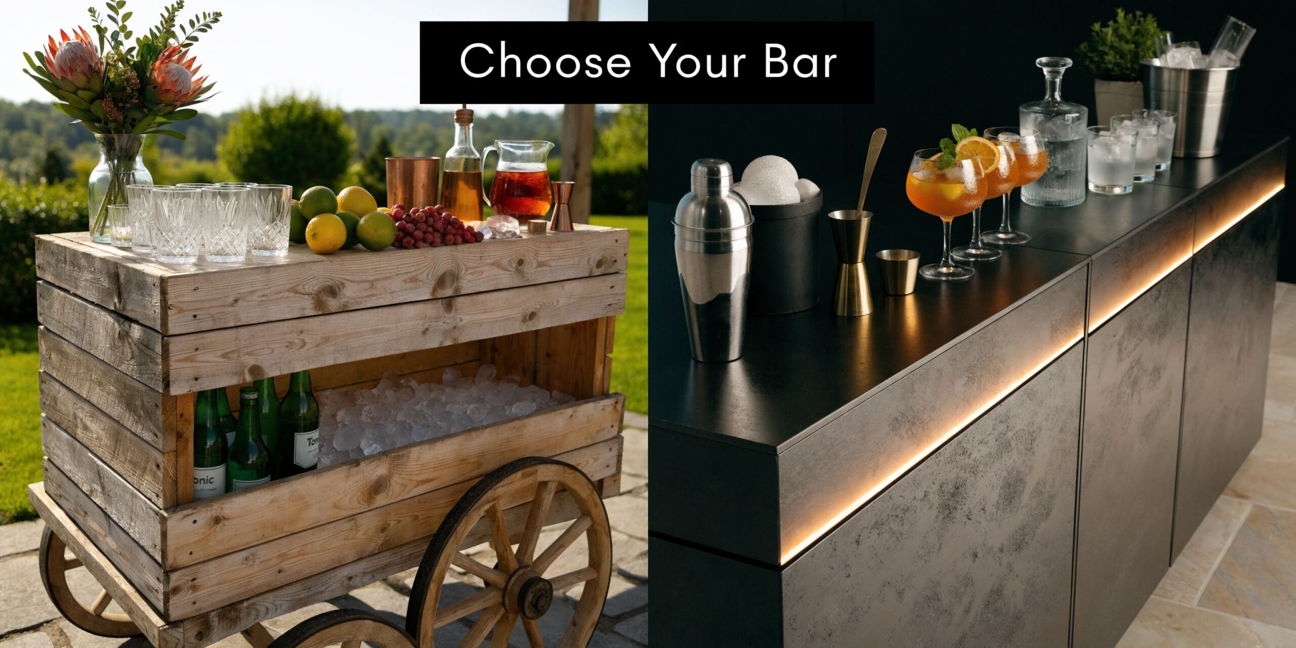 Comparison of a rustic wooden cart bar and a sleek modern illuminated black bar for events.