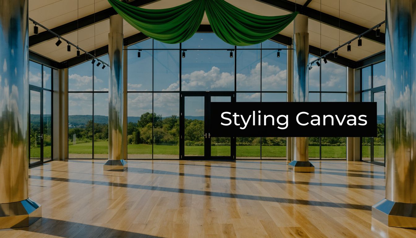 A modern, bright indoor venue with polished wooden floors and large glass walls overlooking green trees.