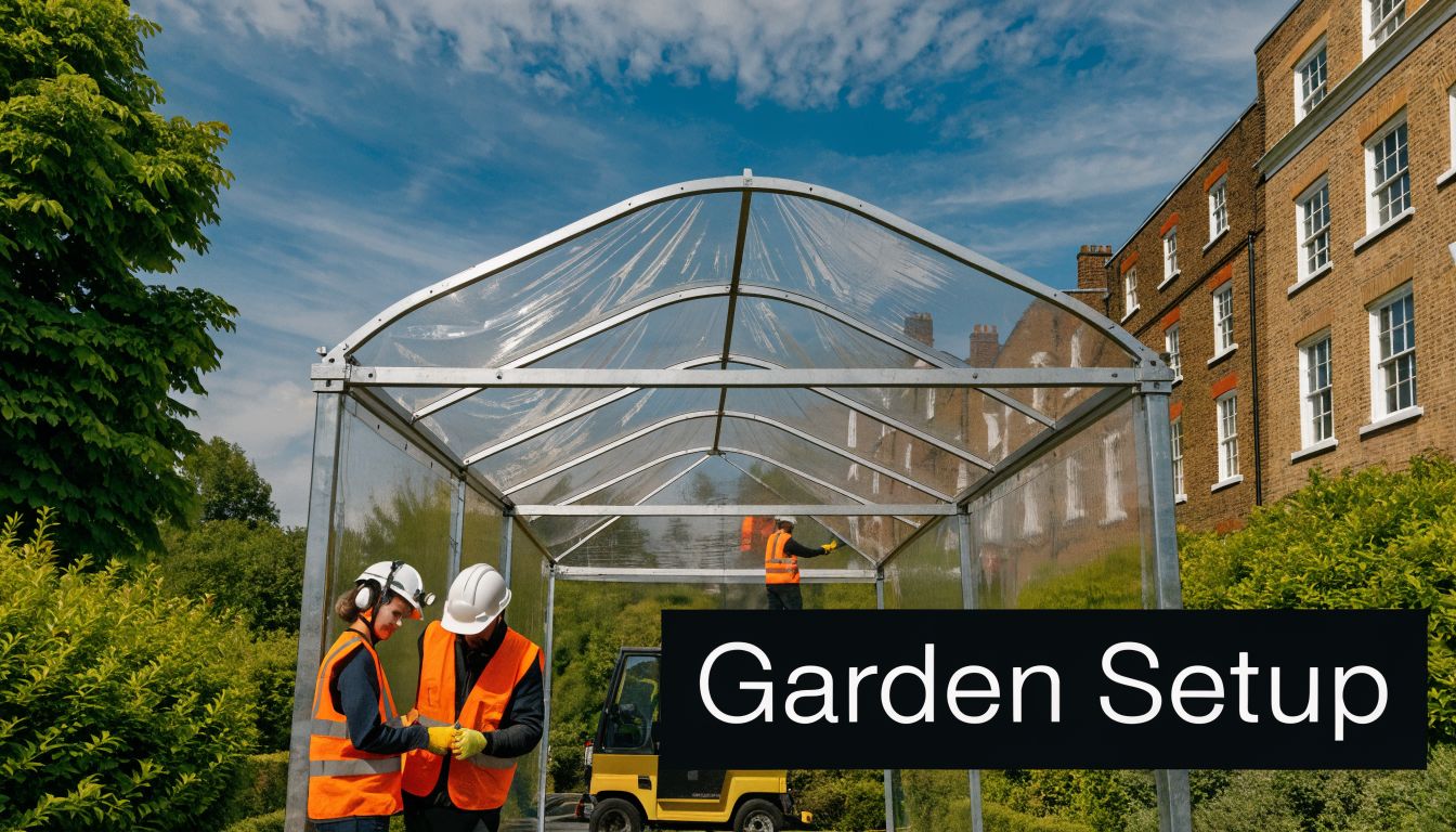 Construction workers setting up a clear span marquee structure in a garden near a building.