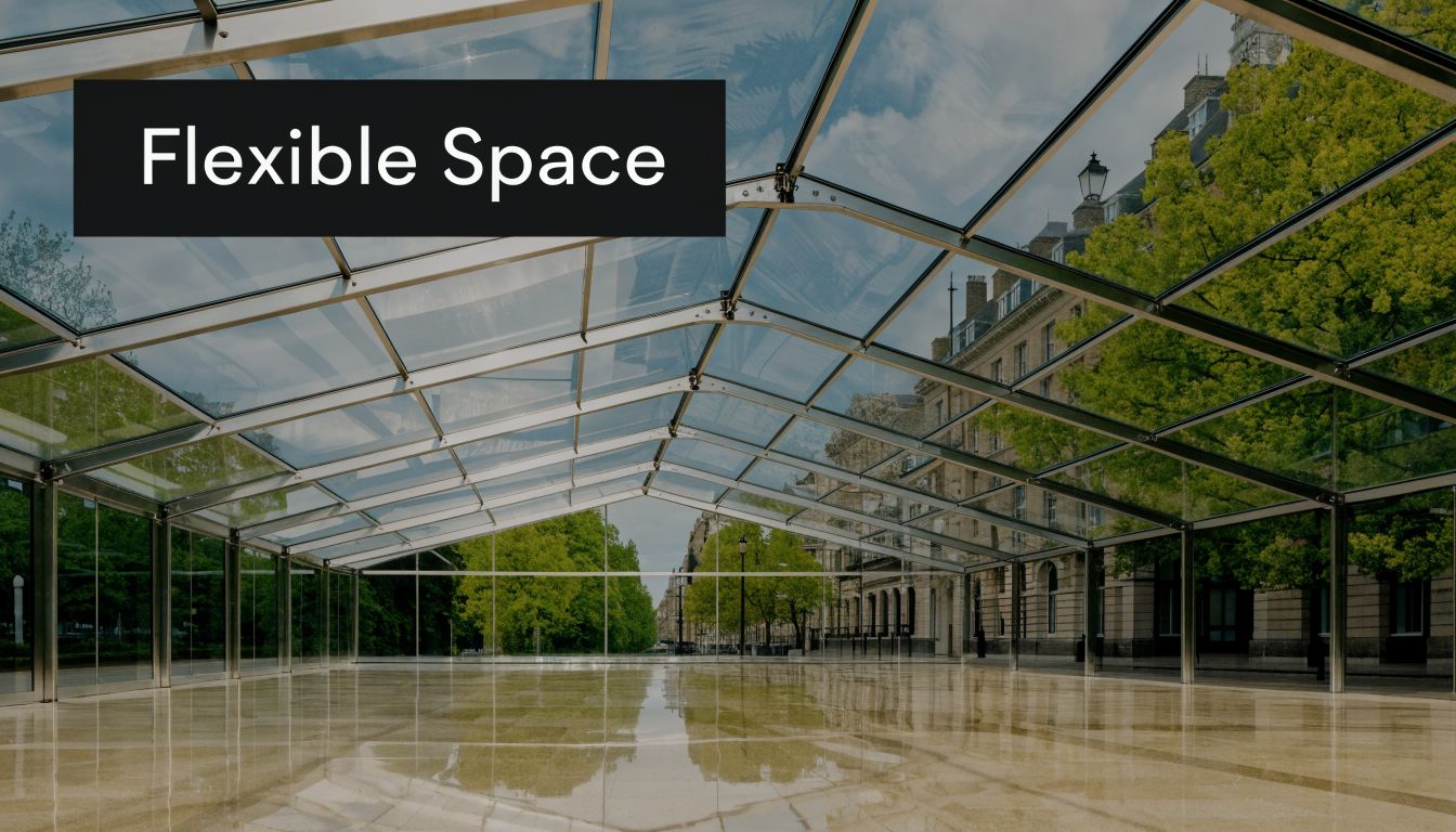 An empty clear span marquee with glass walls and ceiling, providing a bright, versatile event space.