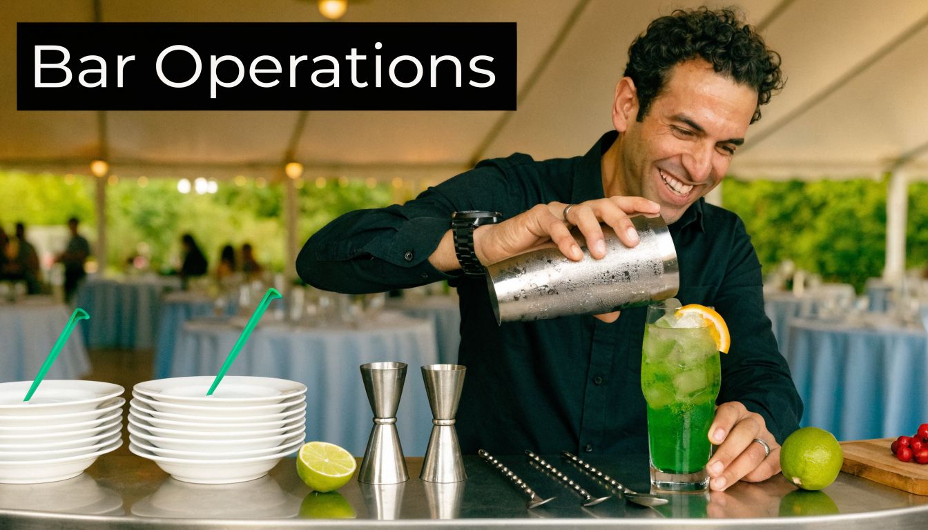 A professional bartender smiling while pouring a vibrant green cocktail into a glass at an event.