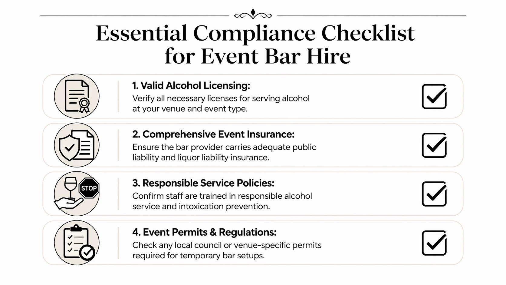 An infographic checklist for essential compliance requirements when hiring a mobile cocktail bar for an event.