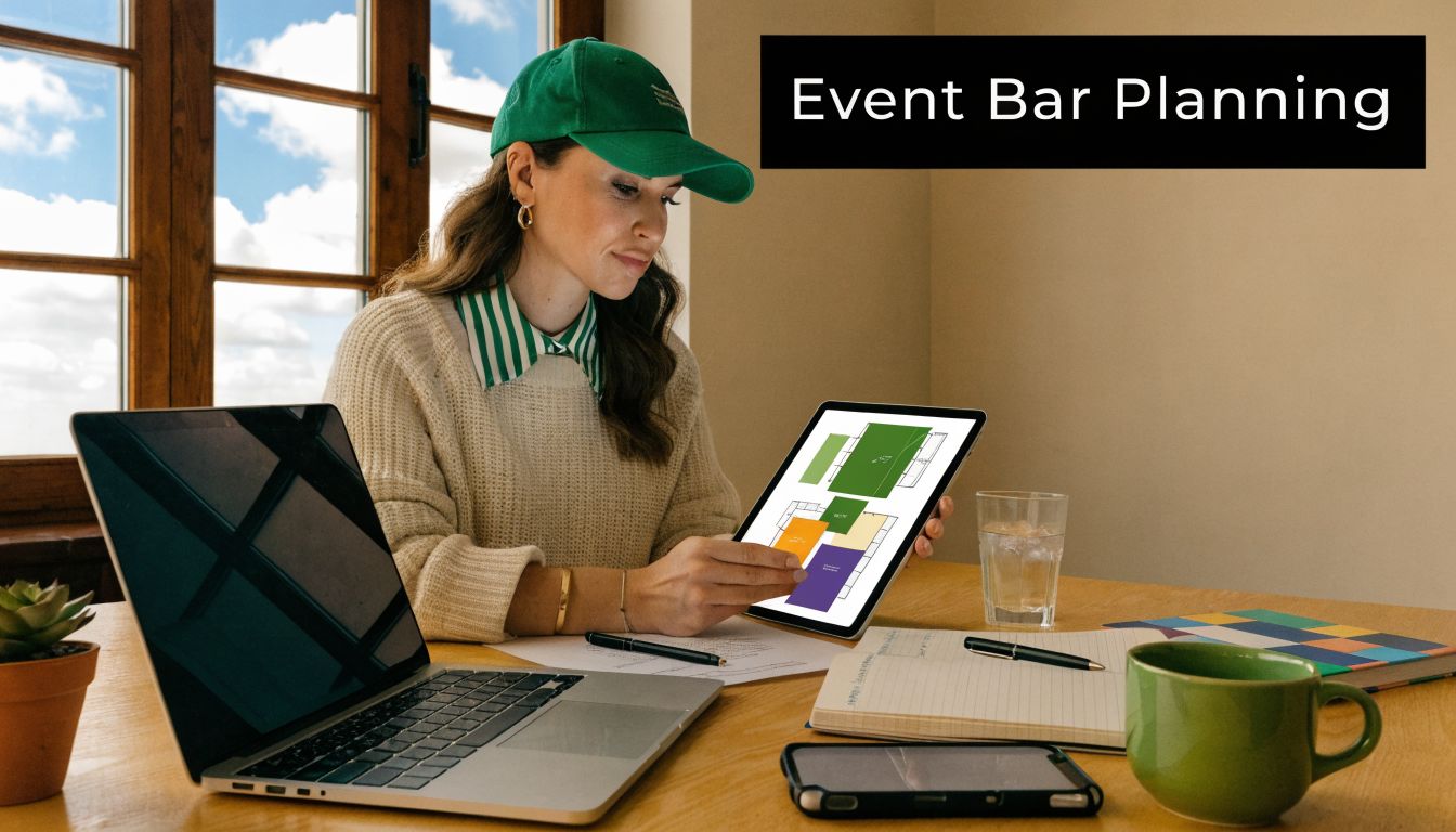 A woman wearing a green cap planning event bar logistics using a digital tablet at her desk.