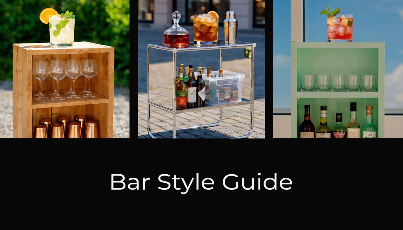 Three different home bar setups including a wooden shelf, a metal cart, and a green display unit.