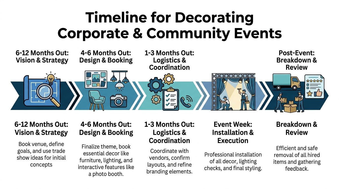 A timeline graphic showing the stages of planning, decorating, and breaking down corporate and community events.