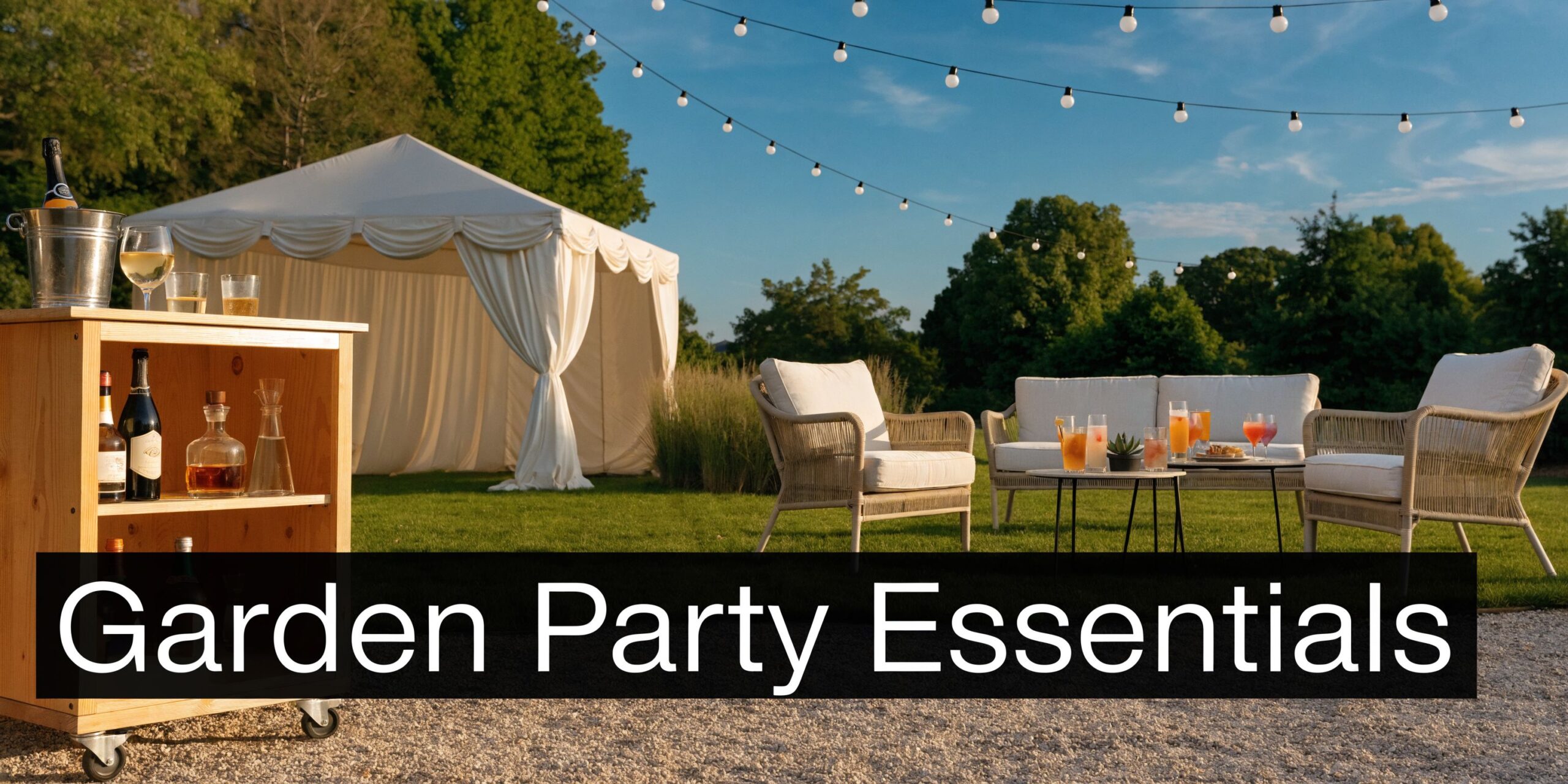 A luxurious garden party setup featuring a wooden bar cart, comfortable outdoor seating, and elegant marquee tent.