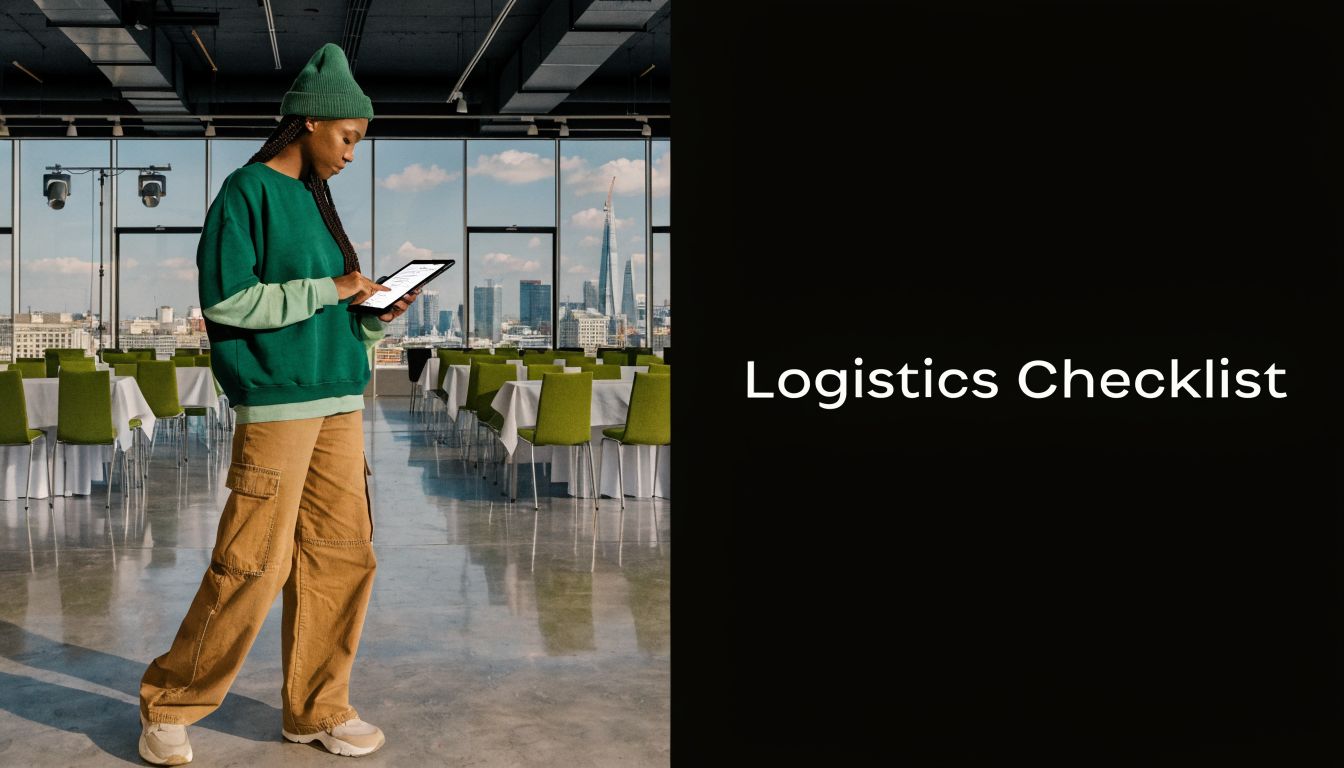 A young woman using a tablet to review a logistics checklist in a venue overlooking London city.