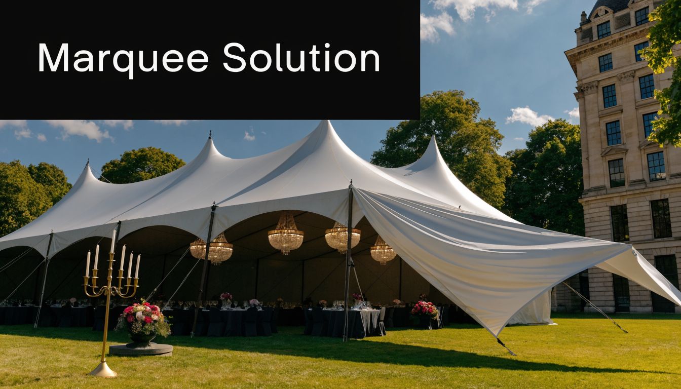 A luxurious white marquee event tent set up on a manicured lawn next to a grand building.
