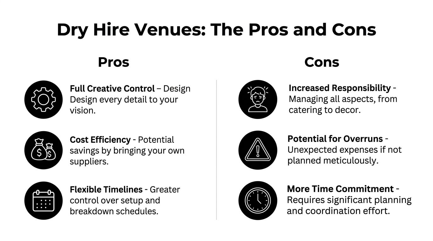 An infographic titled Dry Hire Venues comparing the pros and cons of renting empty event spaces.