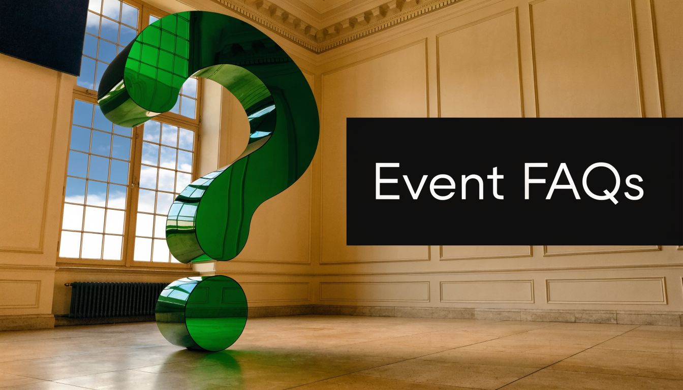 A large green question mark sculpture displayed in a bright, elegant room with floor-to-ceiling windows.