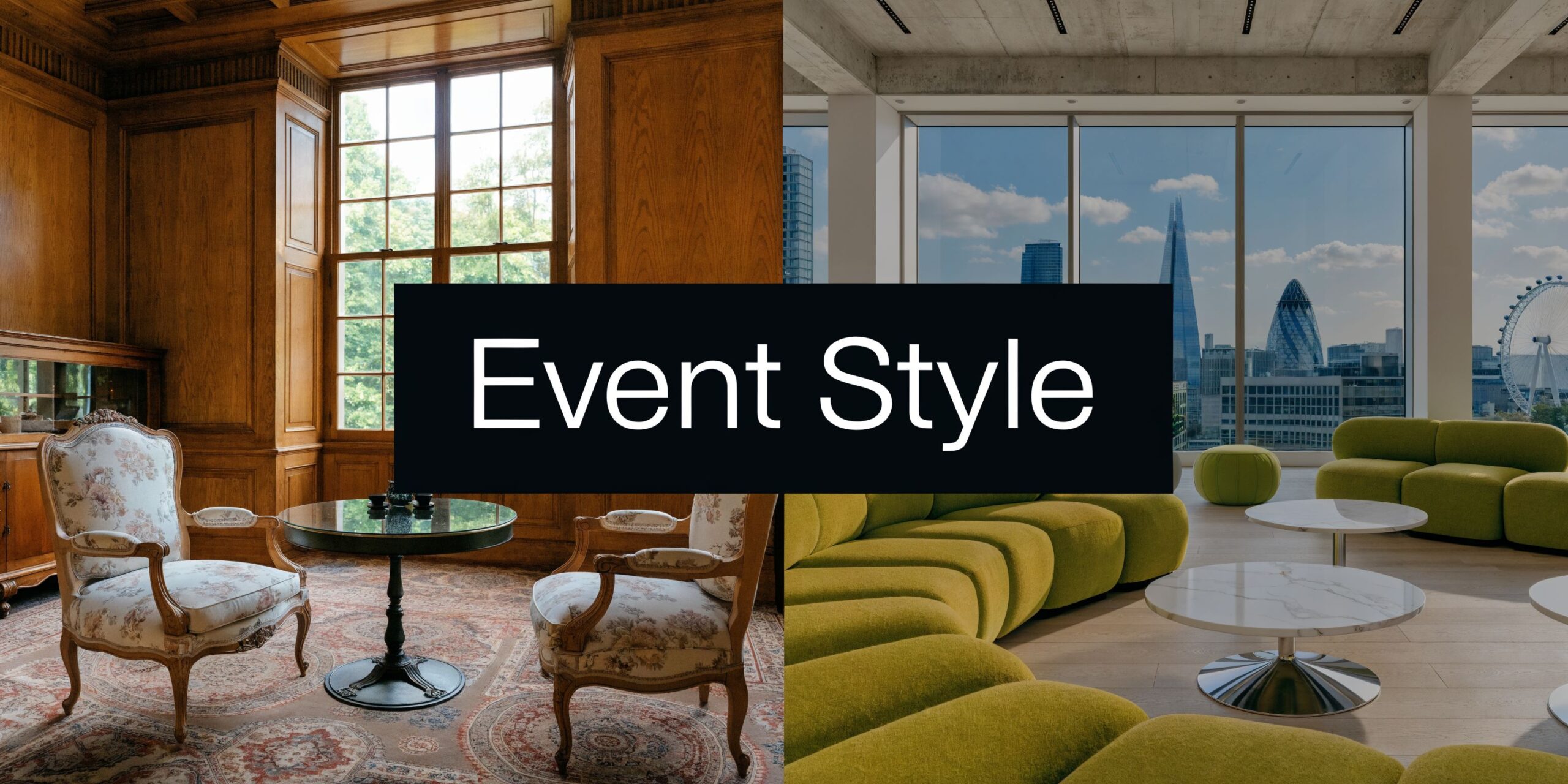 A split-screen comparison showing traditional wood-paneled event furniture next to modern vibrant green lounge seating in London.
