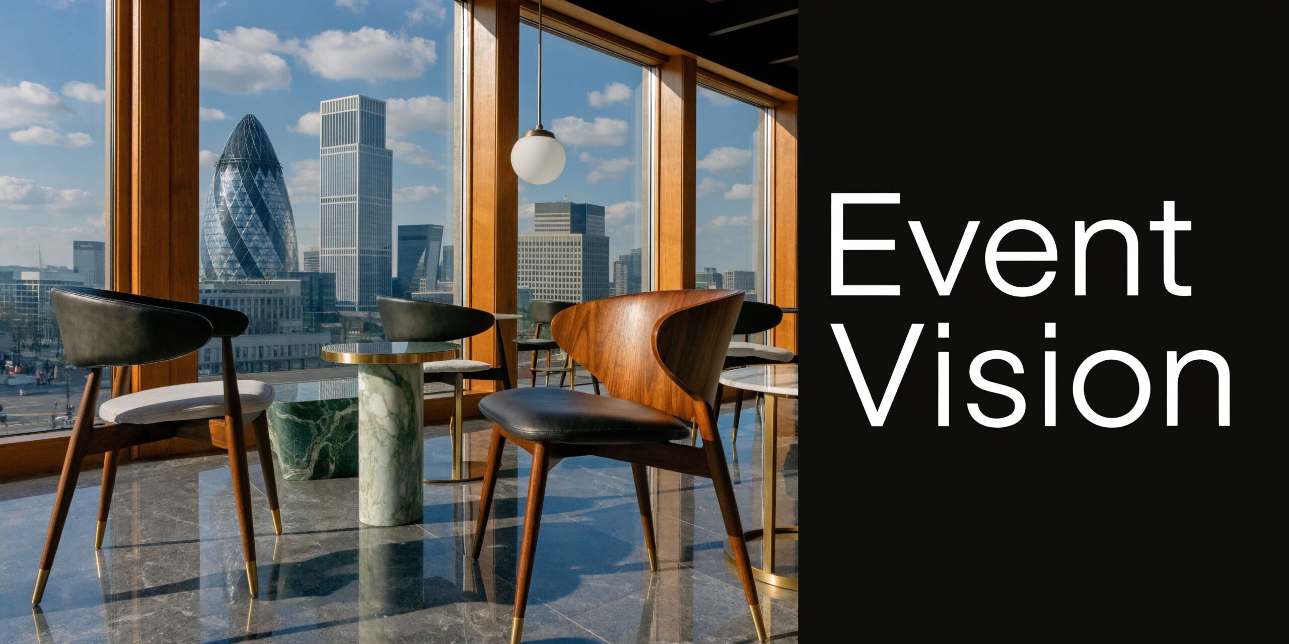 A modern lounge area with wooden chairs and marble tables overlooking the iconic London skyline.