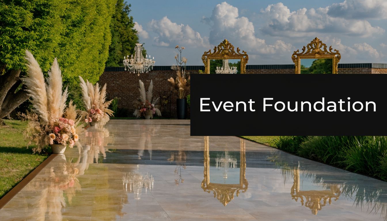 A glossy marble dance floor set up outdoors with floral decorations and gold mirrors for events.