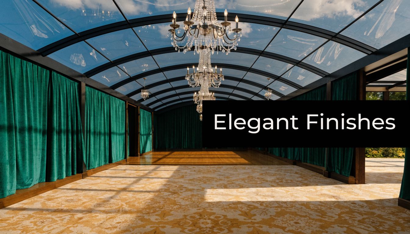 A luxurious event marquee featuring a glass roof, elegant crystal chandeliers, emerald curtains, and patterned gold flooring.