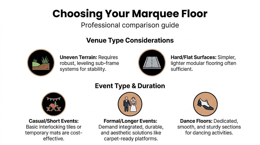 An infographic titled Choosing Your Marquee Floor detailing floor selection based on terrain and event type.