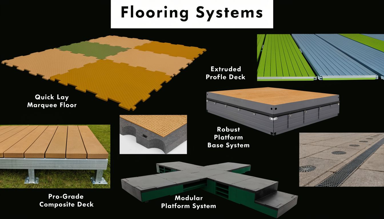 A display of various modular flooring systems including marquee floors, composite decks, and robust platform bases.