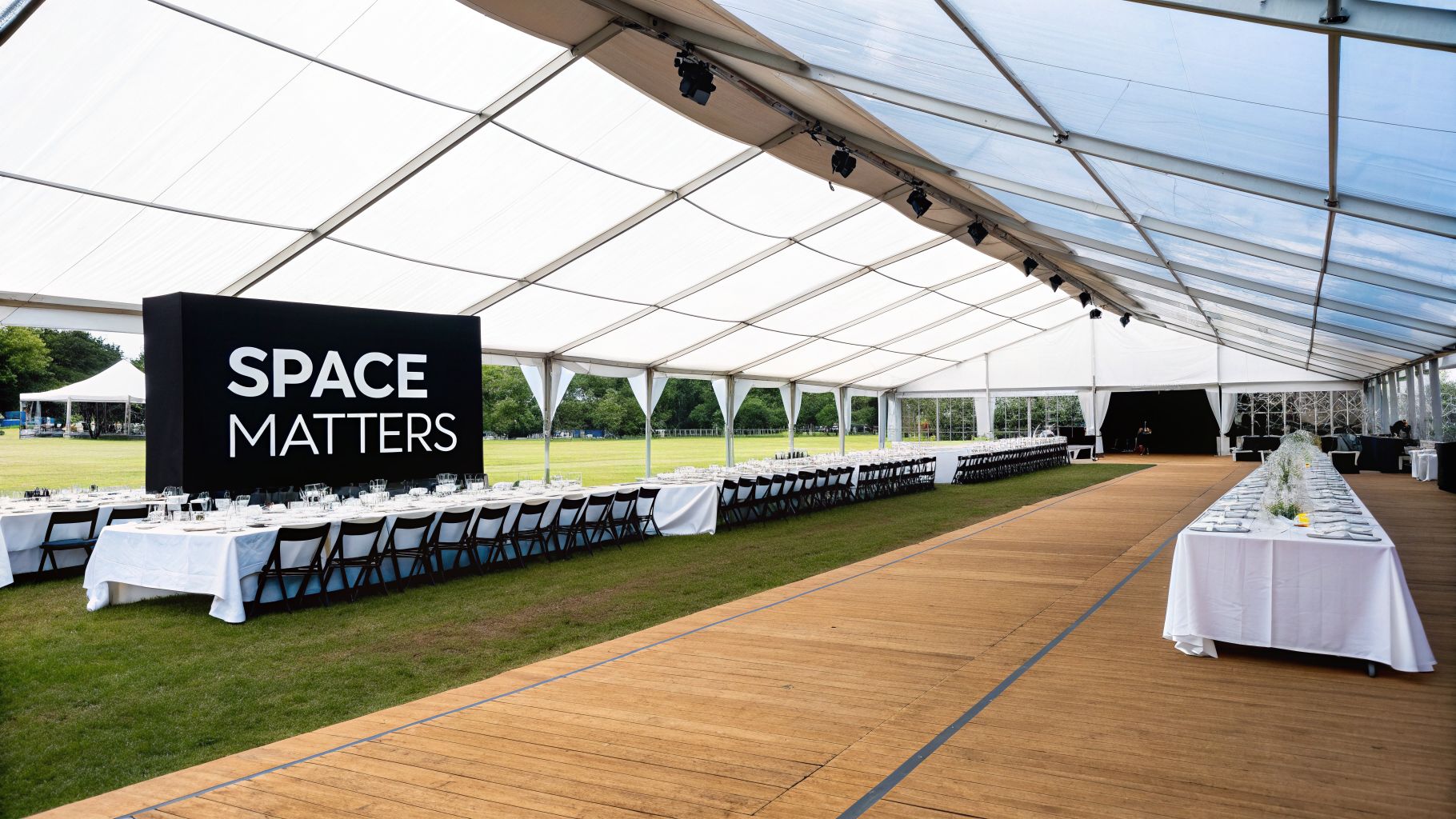 A large white marquee tent with long dining tables and a 'SPACE MATTERS' sign.