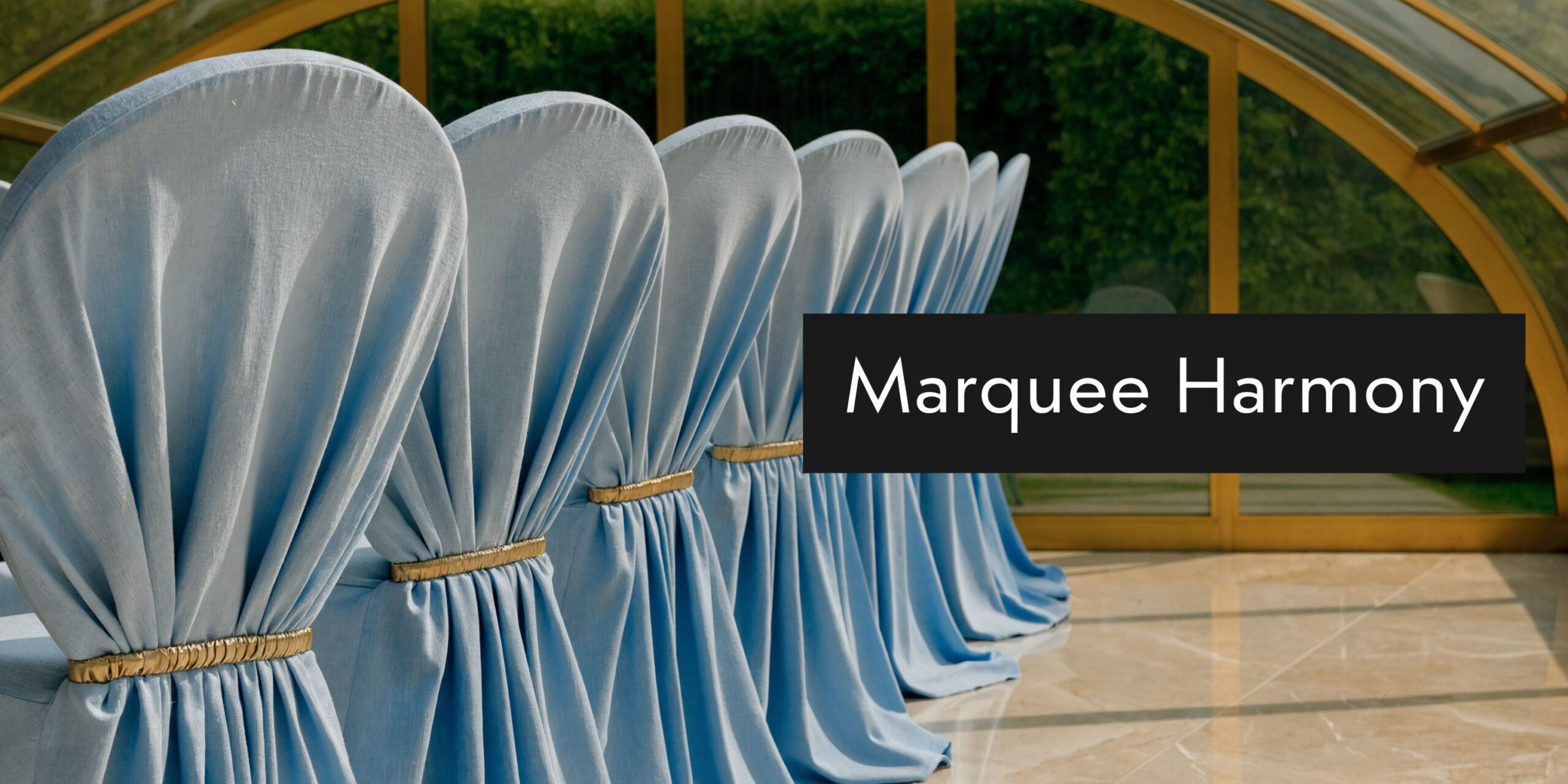 A row of elegant blue chair covers with gold ties arranged in a modern event space.