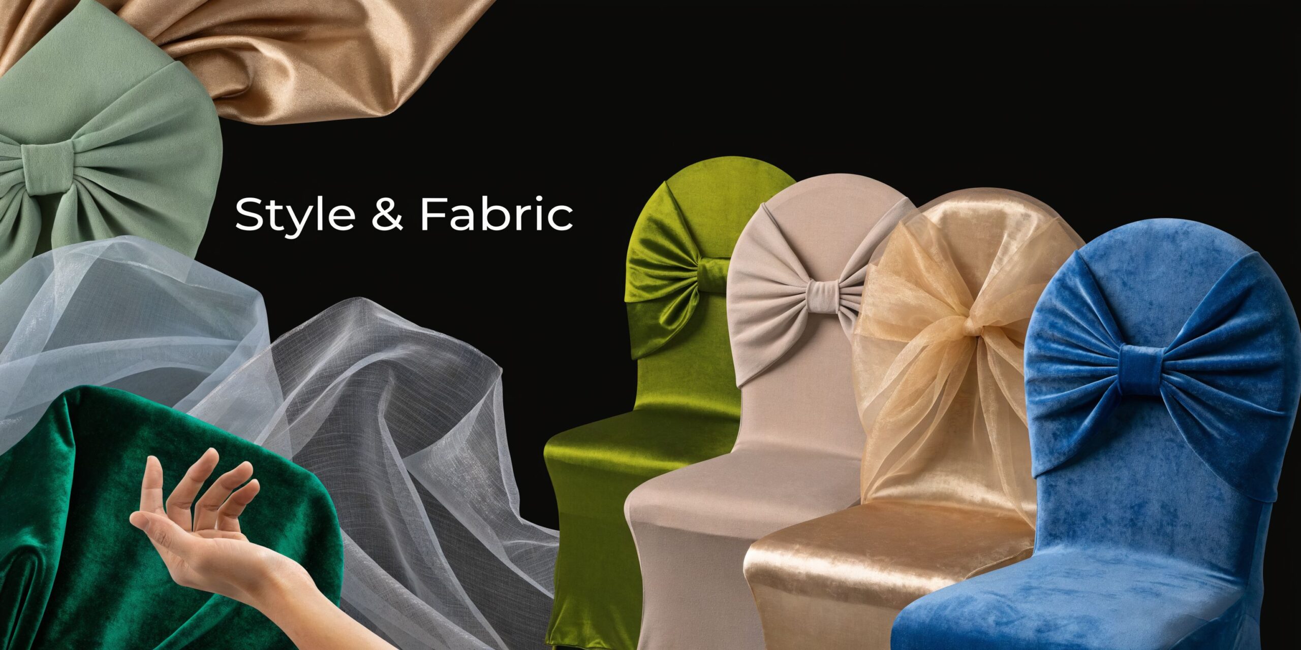 A selection of colorful fabric chair covers with elegant bows displayed against a dark background for events.